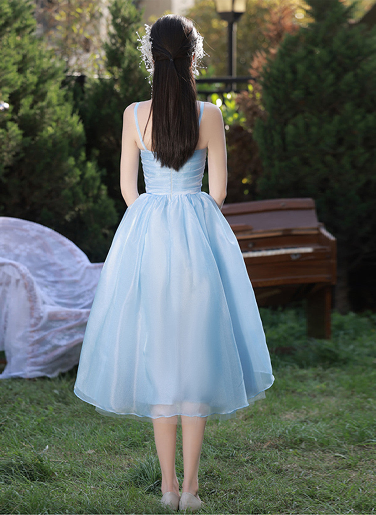 Light Blue Straps Organza Short Party Dress, Light Blue Homecoming Dress