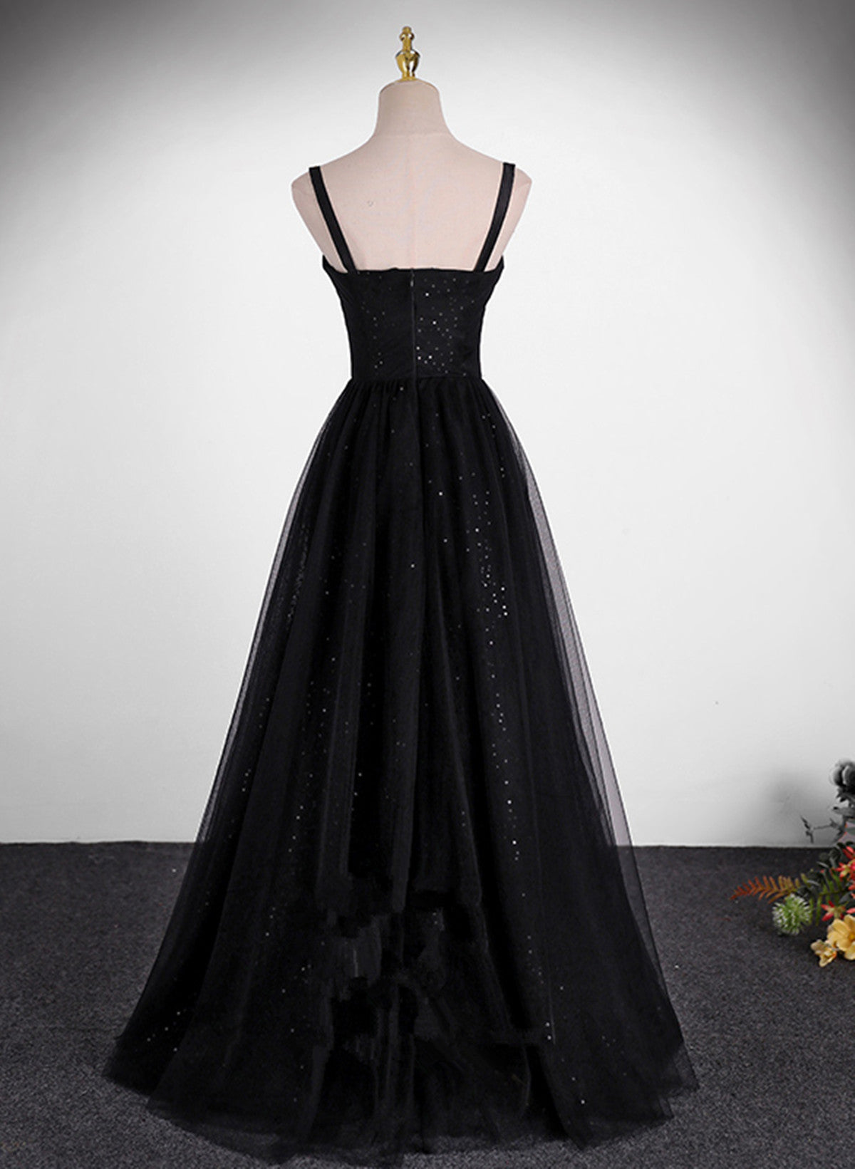 Black A-line Tulle Straps Floor Length Party Dress, Black Tulle Prom Dress