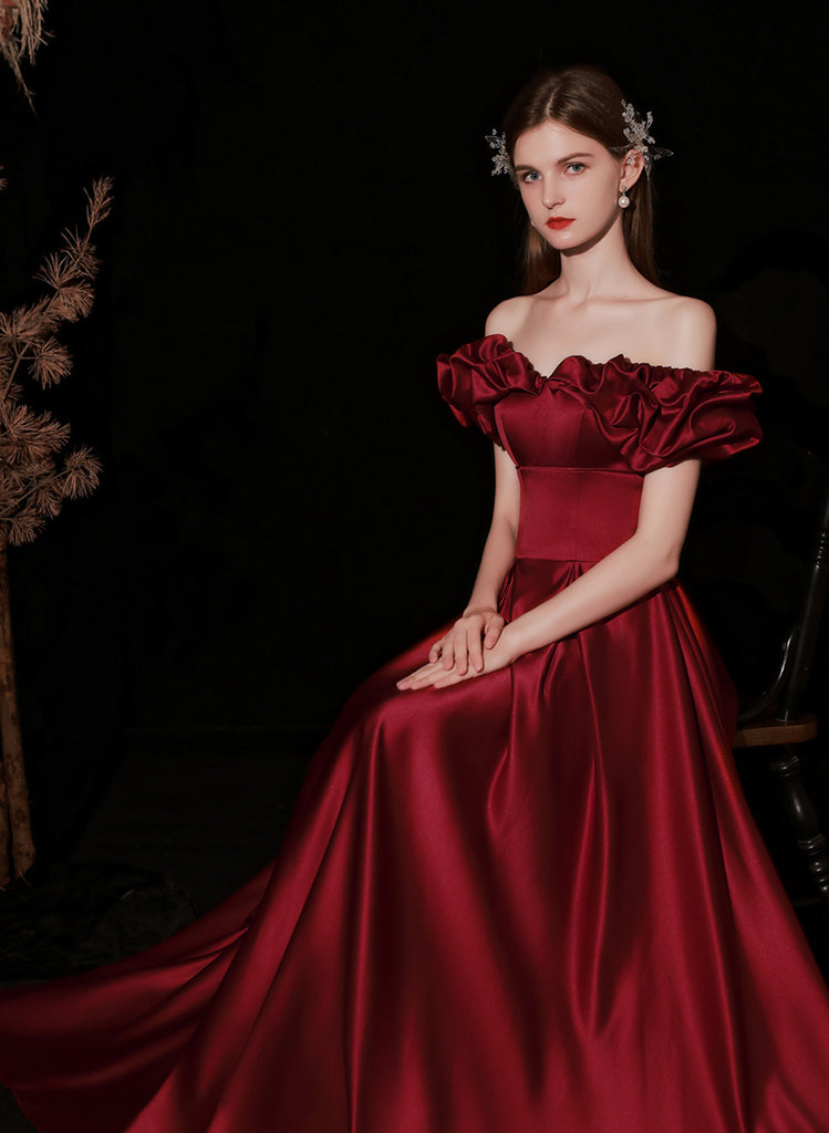 A-line Satin Simple Off Shoulder Floor Length Party Dress, Wine Red Lo ...