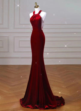 Wine Red Halter Backless Velvet Mermaid Party Dress, Wine Red Evening Dress Prom Dress