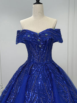 Blue Tulle Sweetheart Off Shoulder with Beadings Party Dress, Blue Tulle Formal Gown