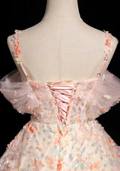 Lovely Lace Straps Pink Flowers Sweetheart Party Dress, Pink Off Shoulder Prom Dress