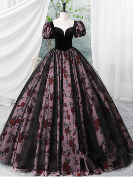 Black Tulle and Satin Short Sleeves Sweetheart Party Dress, Black Long Prom Dress Sweet 16 Dress