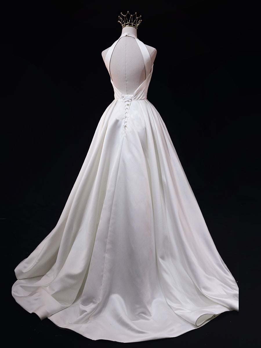 White Halter Simple Satin Backless Long Weddign Party Dress, White Lon Cutedressy White Halter Simple Satin Backless Long Weddign Party Dress, White Lon Cutedressy