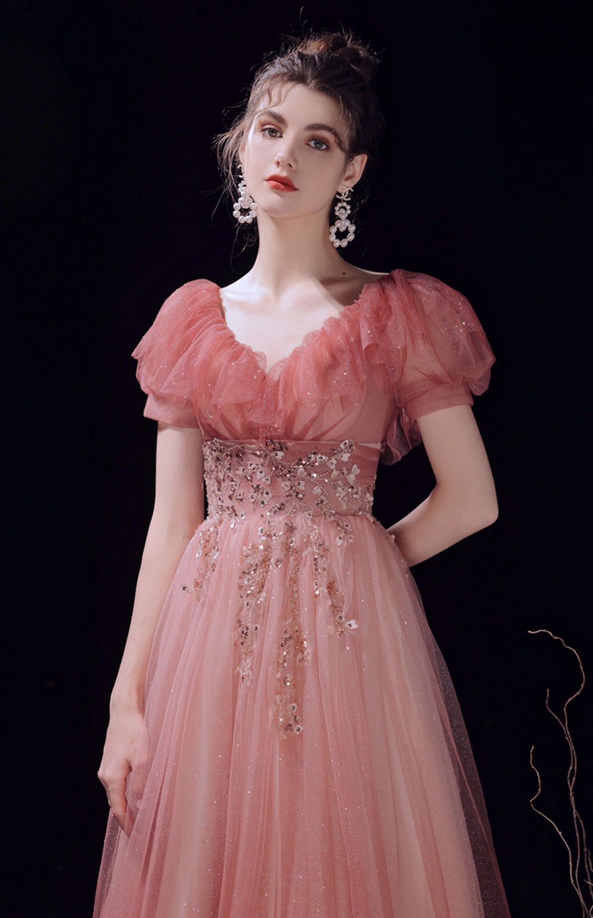 Pink V-neckline Tulle Long Formal Dress Prom Dress, Pink Tulle Evening Cutedressy Pink V-neckline Tulle Long Formal Dress Prom Dress, Pink Tulle Evening Cutedressy