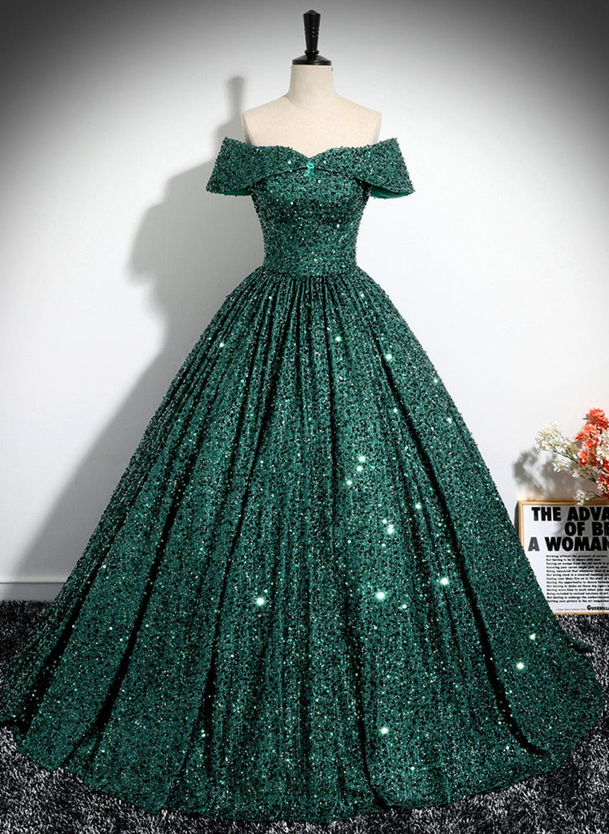Dark Green Sequins Off Shoulder Ball Gown Party Dress, Dark Green Form Cutedressy Dark Green Sequins Off Shoulder Ball Gown Party Dress, Dark Green Form Cutedressy