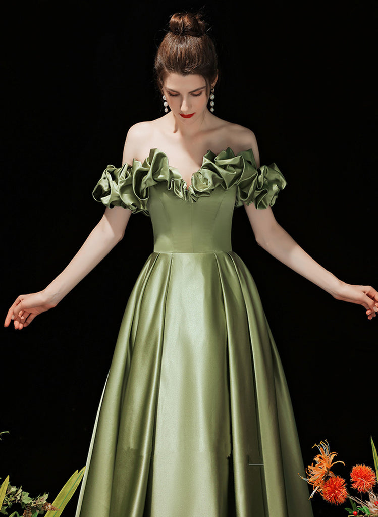 Green Satin Off Shoulder Long Evening Dress, Green Prom Dress Party Dr