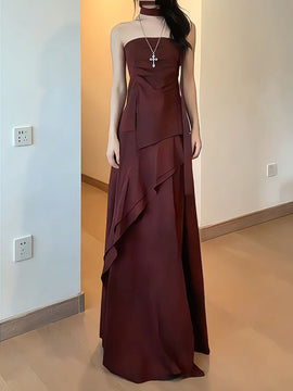 A-line Maroon Chiffon Straps Floor Length Party Dress, Maroon Chiffon Prom Dress