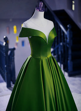A-line Green Satin Floor Length Party Dress, Green Long Formal Dress
