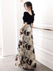 Black A-line Velvet and Floral Tulle Prom Dress, Black Long Party Dress Evening Dress