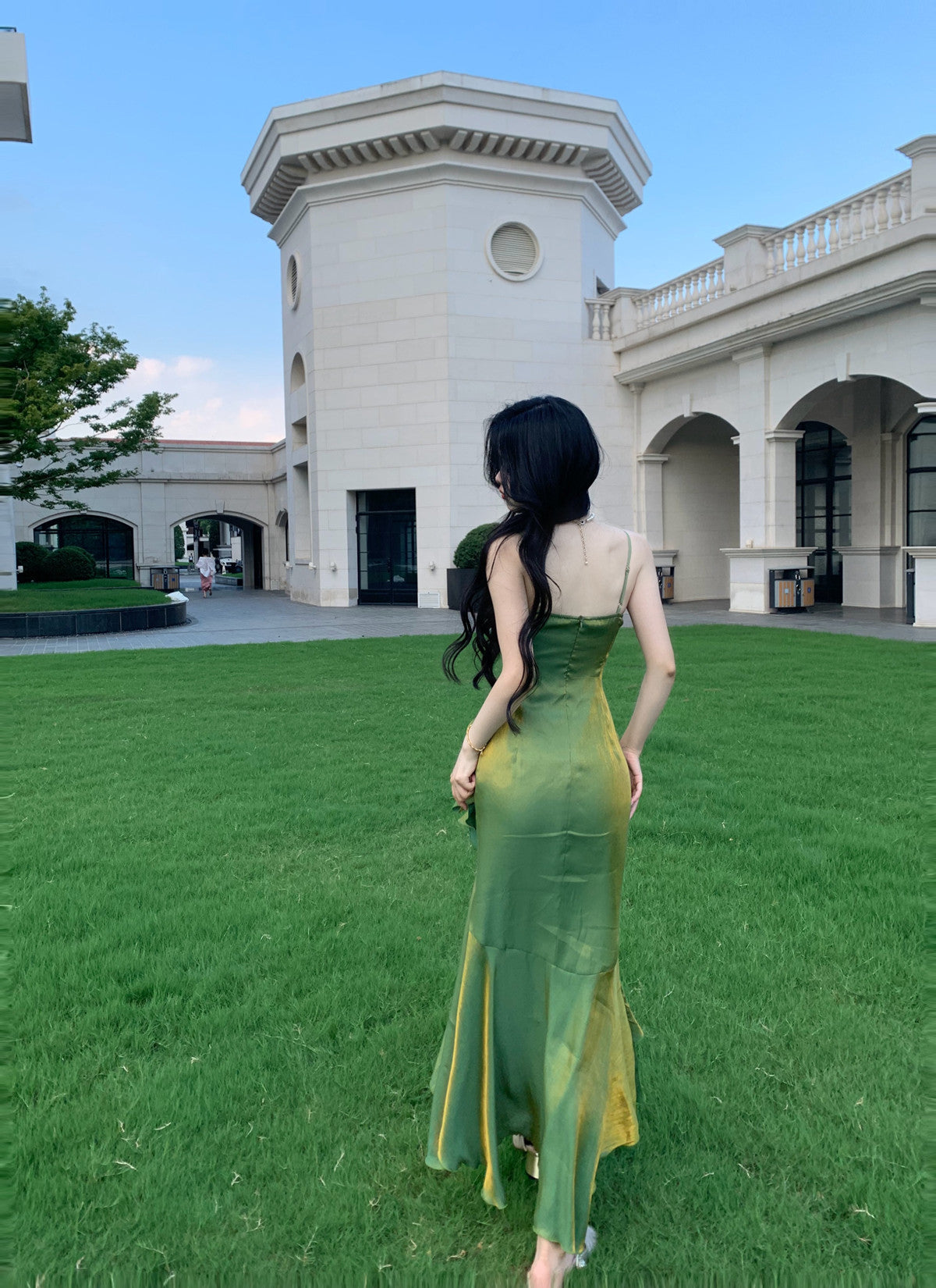 Green Satin Straps Long Evening Dress Prom Dress, Green Satin Scoop Evening Dress