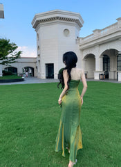 Green Satin Straps Long Evening Dress Prom Dress, Green Satin Scoop Evening Dress