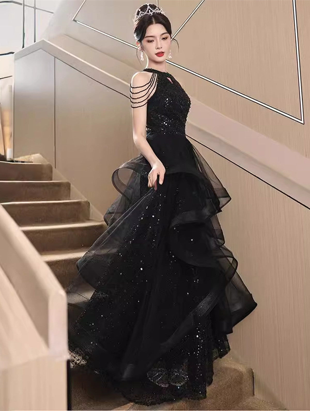 Pretty Black Tulle and Beaded Halter Formal Dress, A-line Black Prom Dress Pretty Black Tulle and Beaded Halter Formal Dress, A-line Black Prom Dress