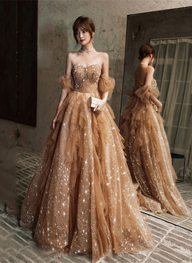 Champagne A-line Beaded Tulle Long Tulle Prom Dress, Champagne Evening Dress
