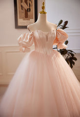 Pink Tulle and Satin Beaded Sweetheart Long Formal Dress, Pink Sweet 16 Dress