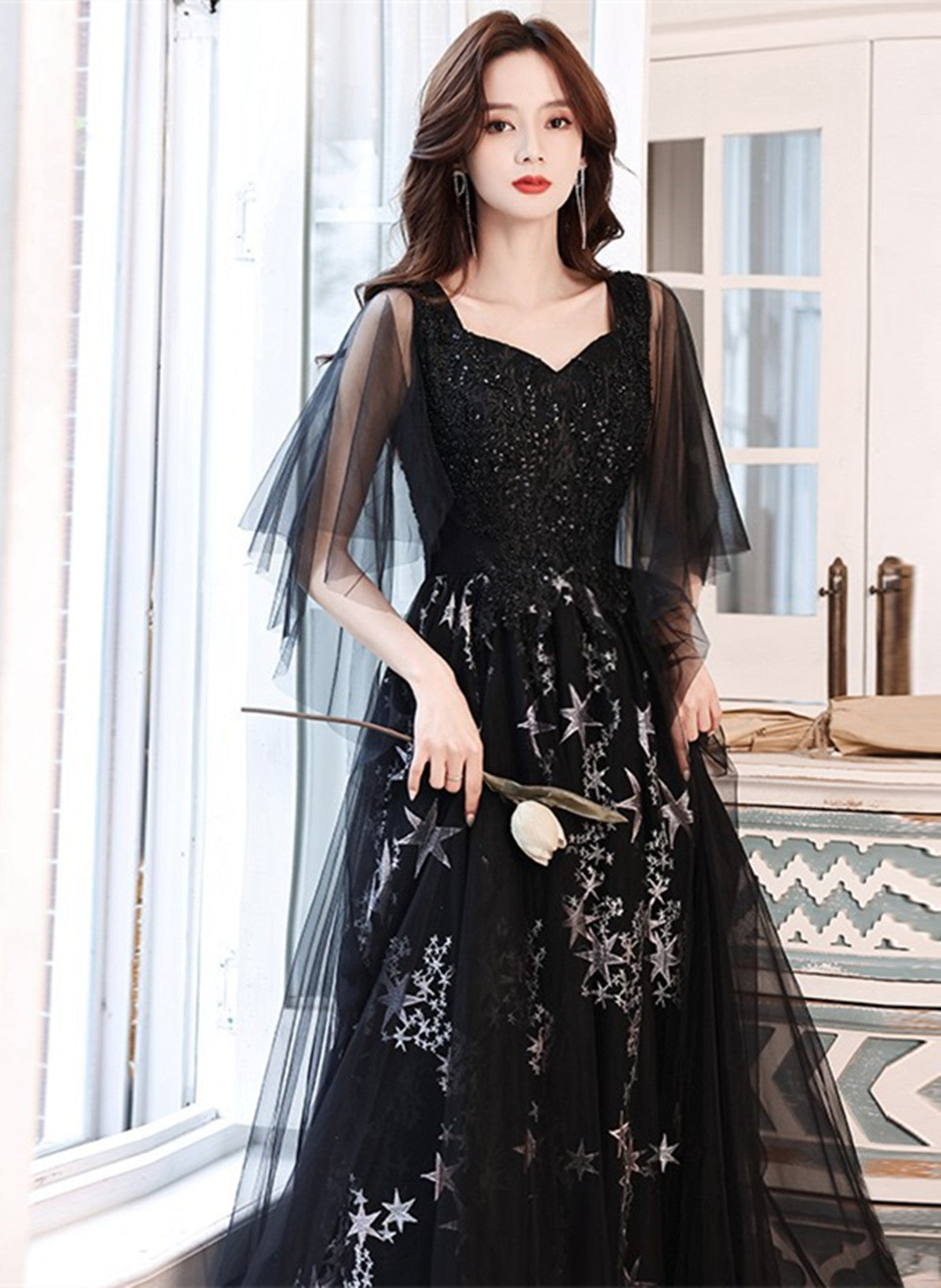 A-line Chic Black Tulle Beaded Long Evening Dress, Black Long Formal D Cutedressy A-line Chic Black Tulle Beaded Long Evening Dress, Black Long Formal D Cutedressy