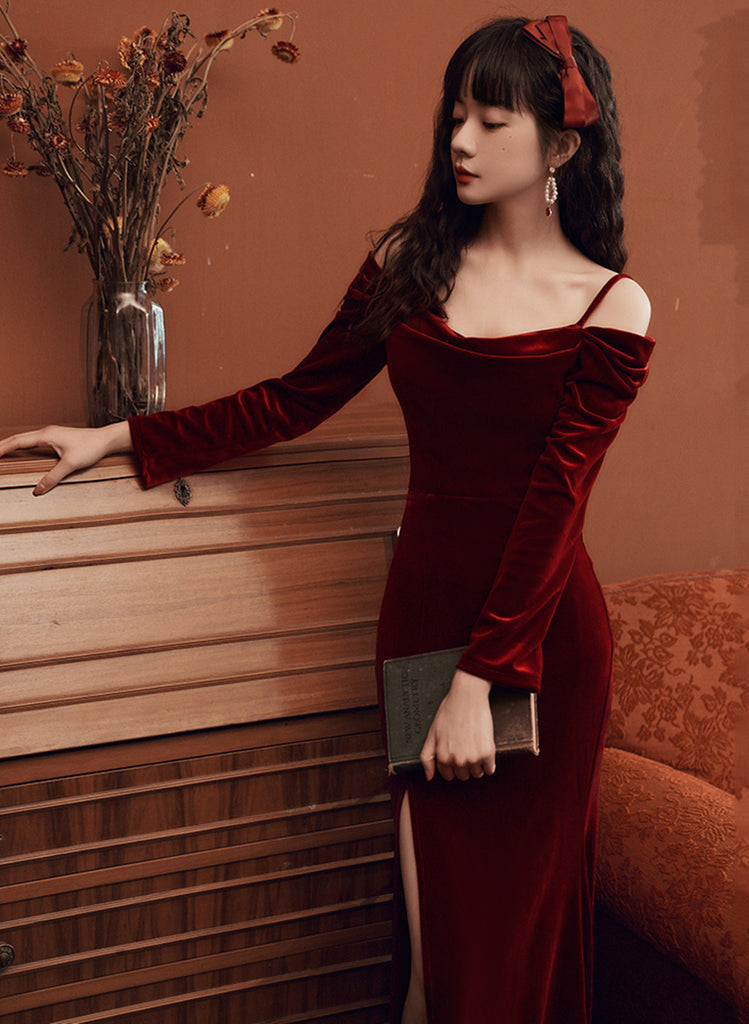 Wine Red Velvet Off Shoulder Long Mermaid Party Dress,Wine Red Wedding