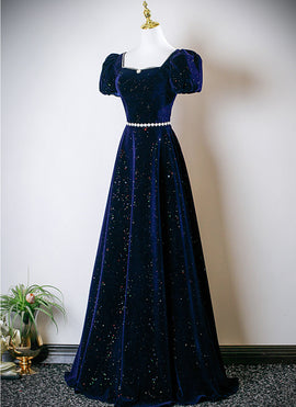 A-line Navy Blue Velvet Short Sleeves Long Prom Dress, Navy Blue Floor Wedding Party Dress