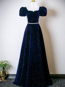 A-line Navy Blue Velvet Short Sleeves Long Prom Dress, Navy Blue Floor Wedding Party Dress