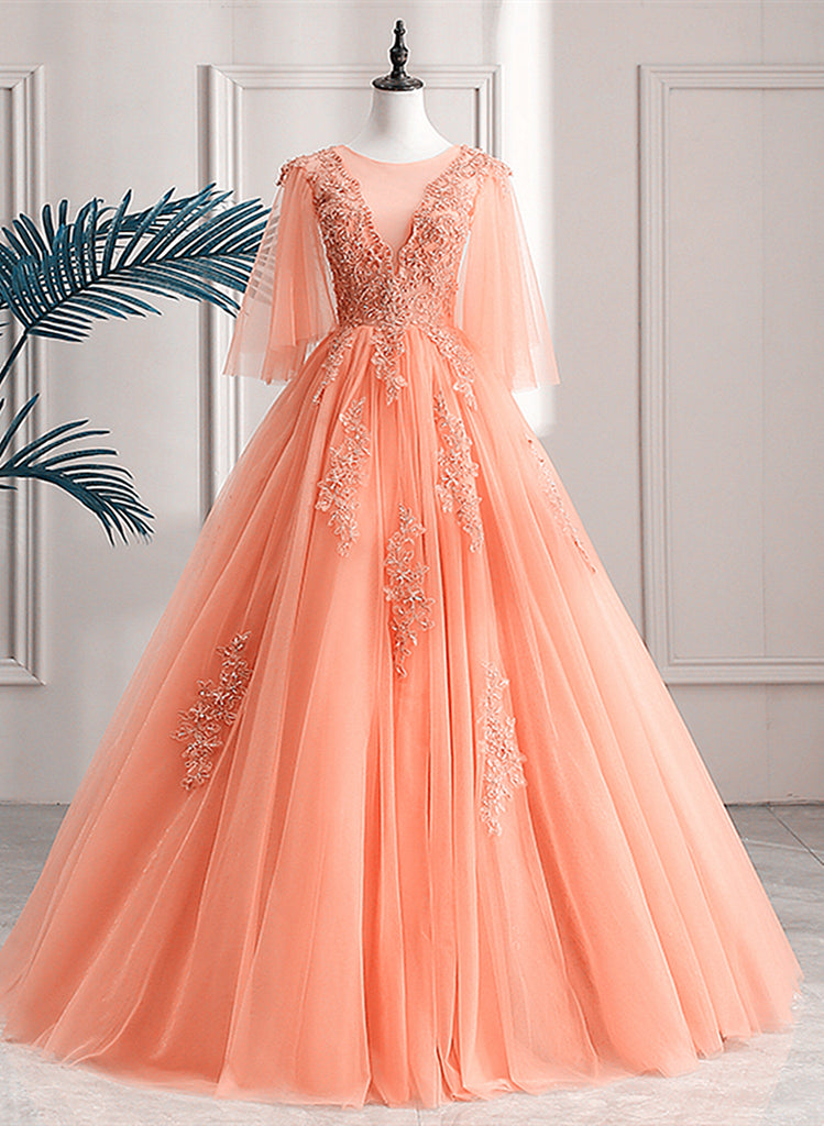 Beautiful V-neckline Long Party Dress with Belt, Tulle Long Evening Dress