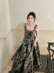 Black Floral A-Line Floor Length  Prom Dress, Black Scoop Neckline Long Party Dress