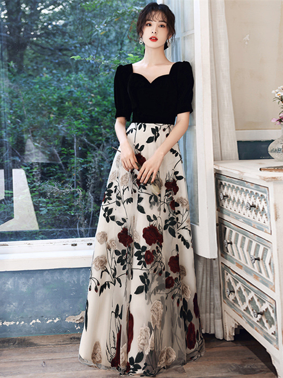 Black A-line Velvet and Floral Tulle Prom Dress, Black Long Party Dress Evening Dress
