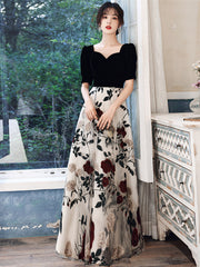 Black A-line Velvet and Floral Tulle Prom Dress, Black Long Party Dress Evening Dress