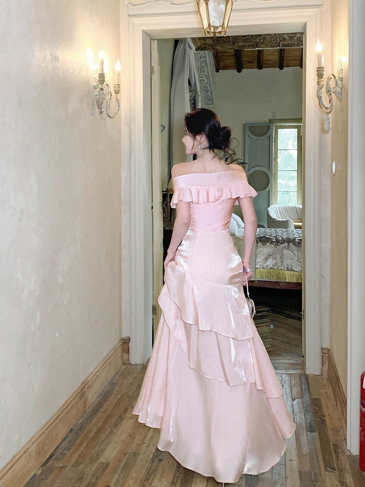 Elegant Pink Off-the-Shoulder Satin Evening GownTiered Ruffle Prom Dr Cutedressy Elegant Pink Off-the-Shoulder Satin Evening GownTiered Ruffle Prom Dr Cutedressy