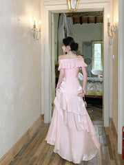 Elegant Pink Off-the-Shoulder Satin Evening Gown，Tiered Ruffle Prom Dress
