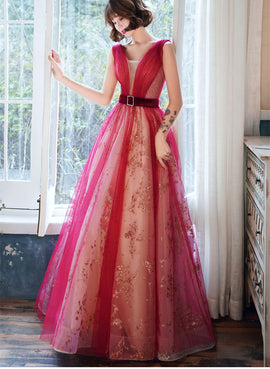 Beautiful V-neckline Long Party Dress with Belt, Tulle Long Evening Dress