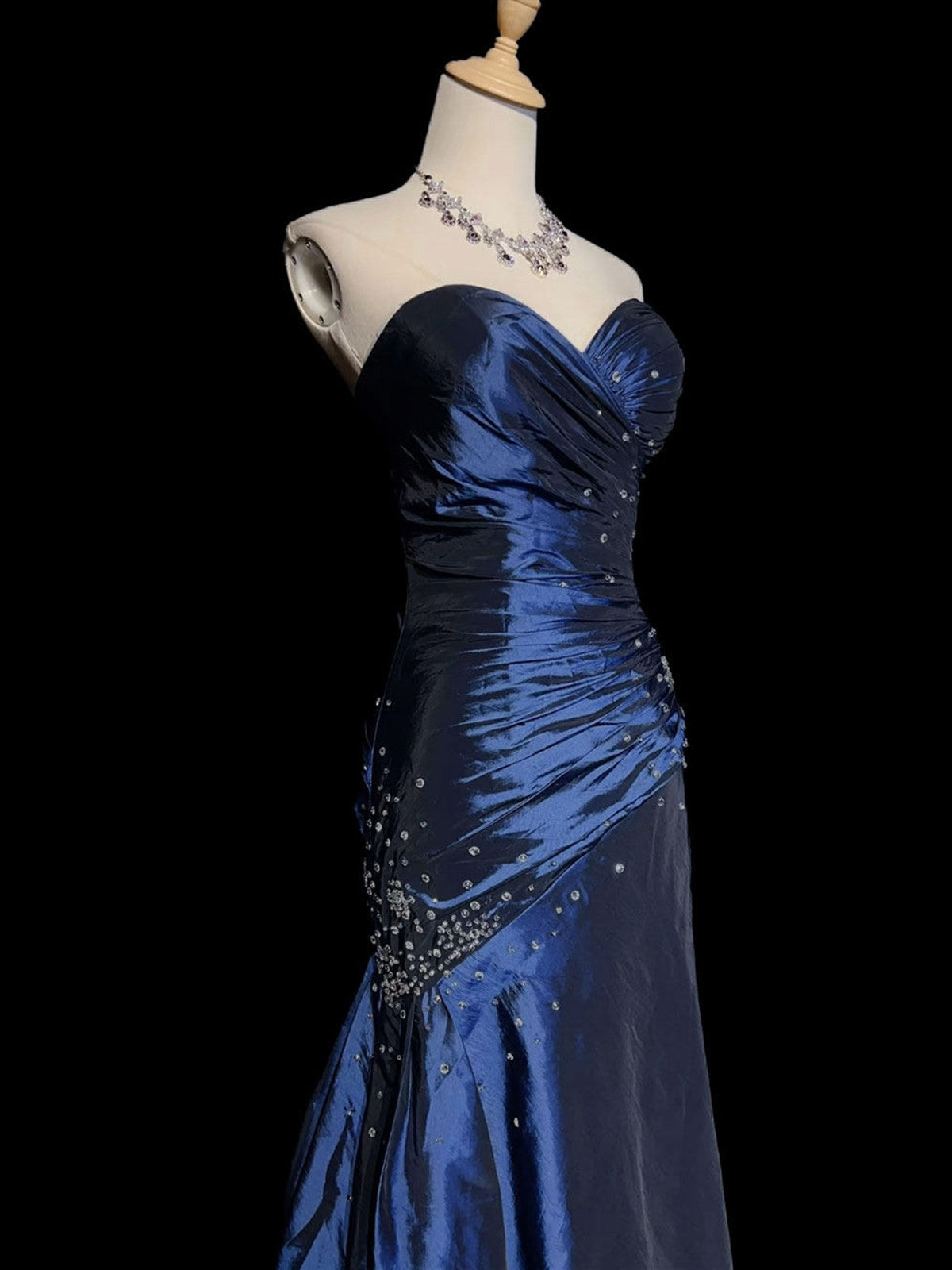 Blue Taffeta Beaded Sweetheart Long Party Dress, Mermaid Strapless Long Prom Dress 