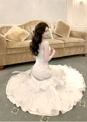 White Satin Sweetheart Mermaid Straps Long Party Dress, White Satin Prom Dress