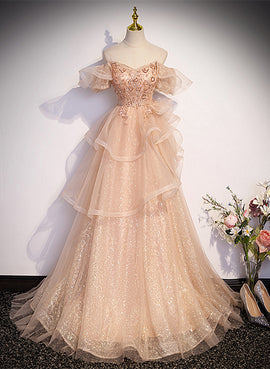 Pink Shiny Tulle Sweetheart Long Layers Party Dress, A-line Pink Tulle Formal Dress Prom Dress