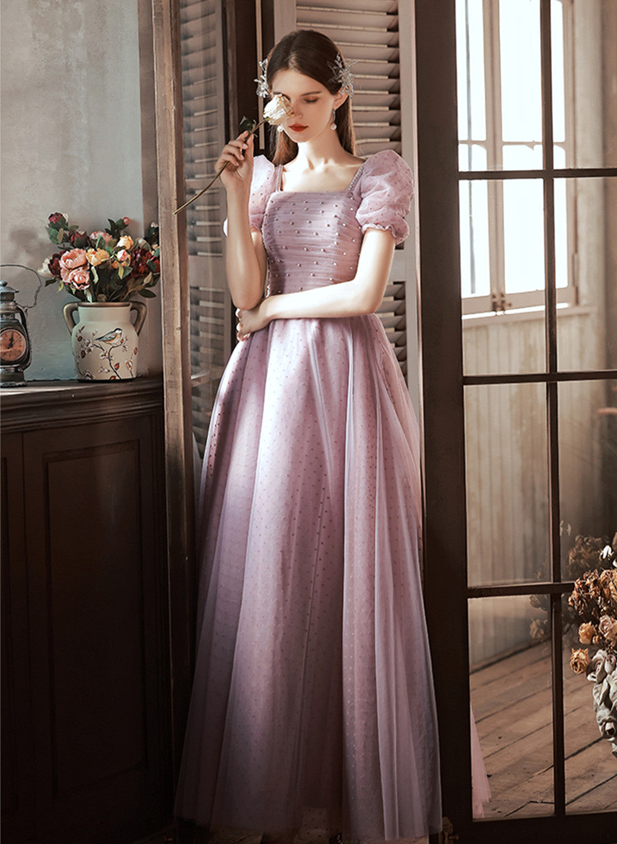 Light Purple Tulle Long Formal Dress, A-line Tulle Short Sleeves Prom Dress
