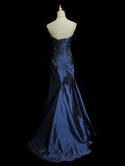 Blue Taffeta Beaded Sweetheart Long Party Dress, Mermaid Strapless Long Prom Dress 