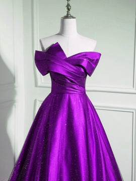 A-line Off Shouolder Black and Purple Satin Party Dress, Long Prom Dress