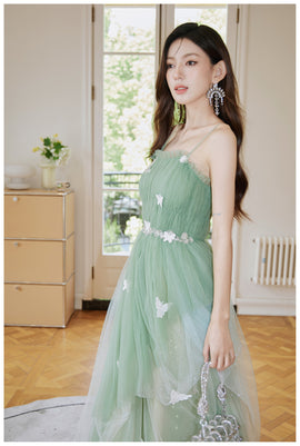Light Green Tulle Straps Long Party Dress, A-line Light Green Prom Dress