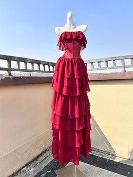 Wine Red Chiffon Layers Strapless Long Party Dress, A-line Wine Red Chiffon Prom Dress