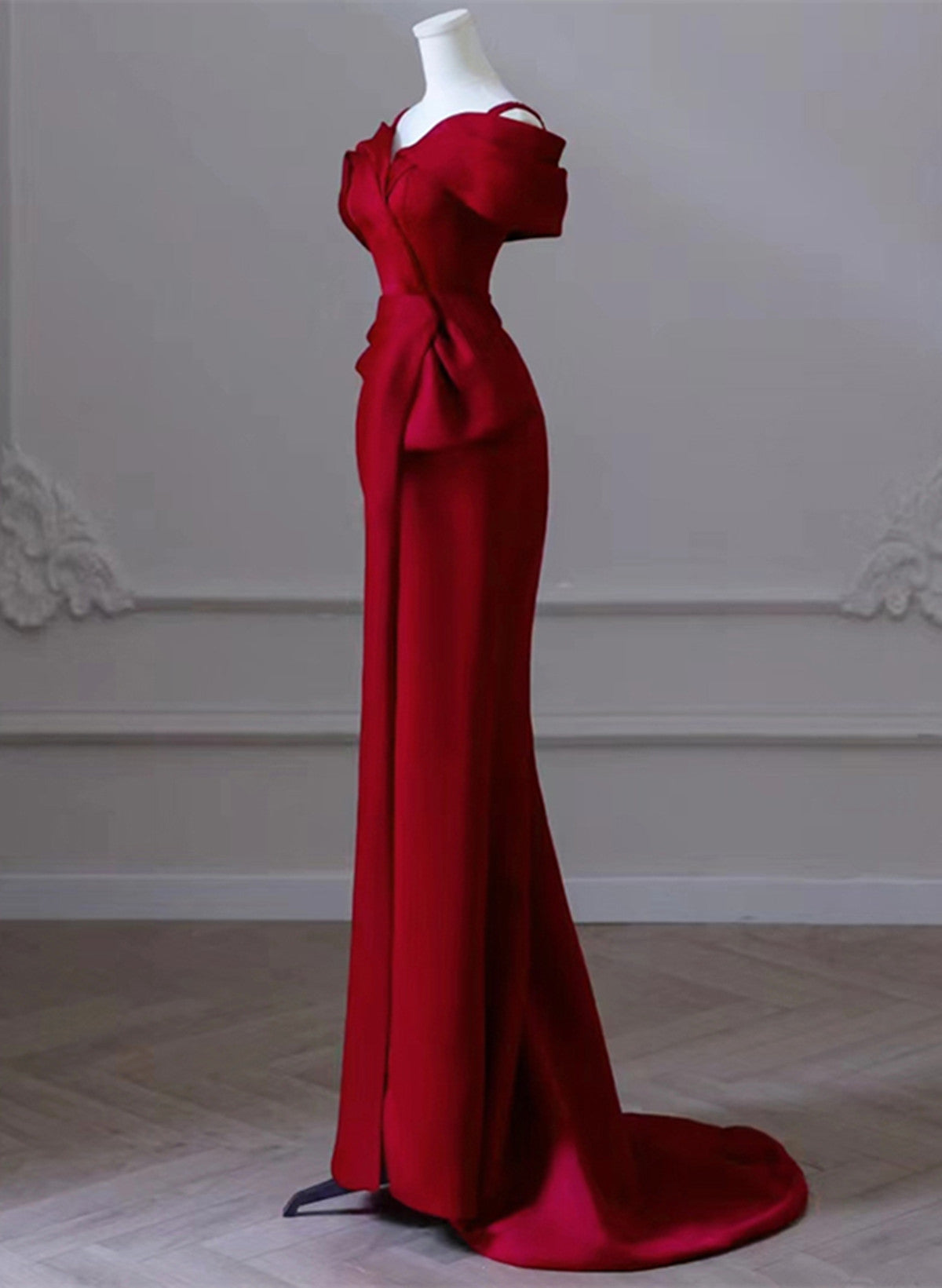 Wine Red Satin Mermaid Long Straps Long Party Dress, Wine Red Off Shou Cutedressy Wine Red Satin Mermaid Long Straps Long Party Dress, Wine Red Off Shou Cutedressy