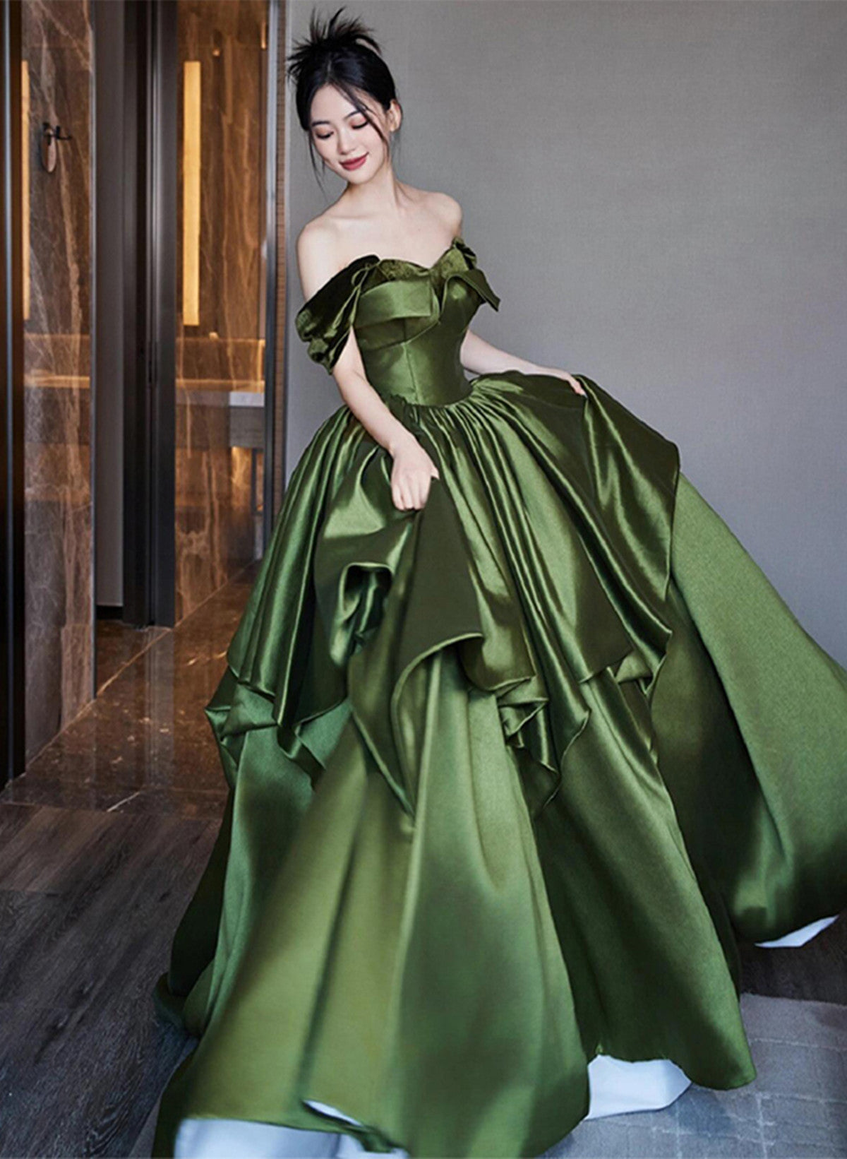Green Satin Long Off Shoulder Princess Formal Dress, Green Satin Prom Cutedressy Green Satin Long Off Shoulder Princess Formal Dress, Green Satin Prom Cutedressy