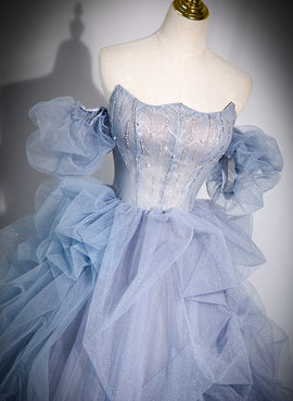 Blue Tulle Beaded Off Shoulder New Style Prom Dress, Blue Sweet 16 Dress