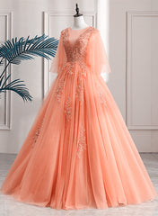 Lovey Tulle V-neckline Long Party Dress with Lace, A-line Tulle Sweet 16 Dress