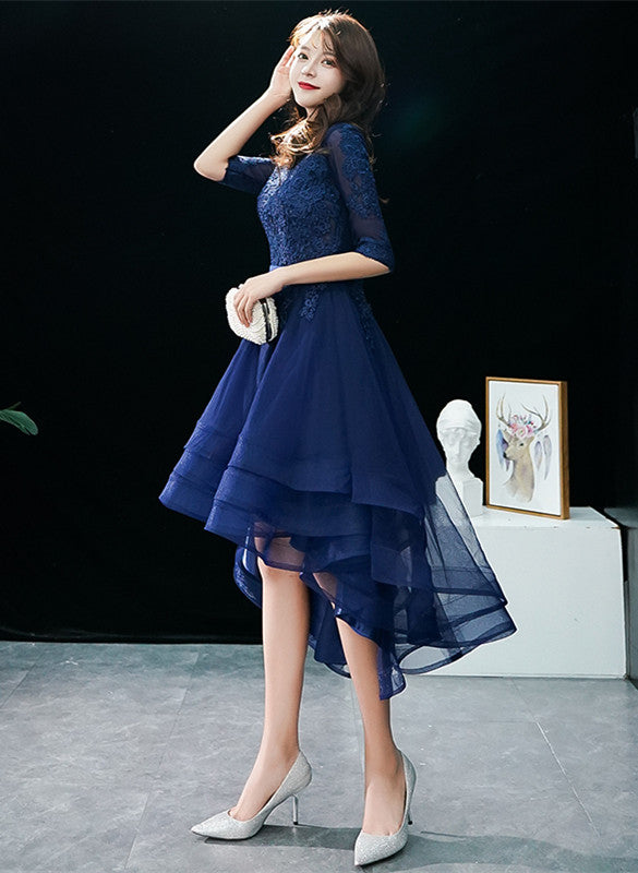 Navy Blue High Low Tulle with Lace Party Dress, Blue Homecoming Dress Prom Dress