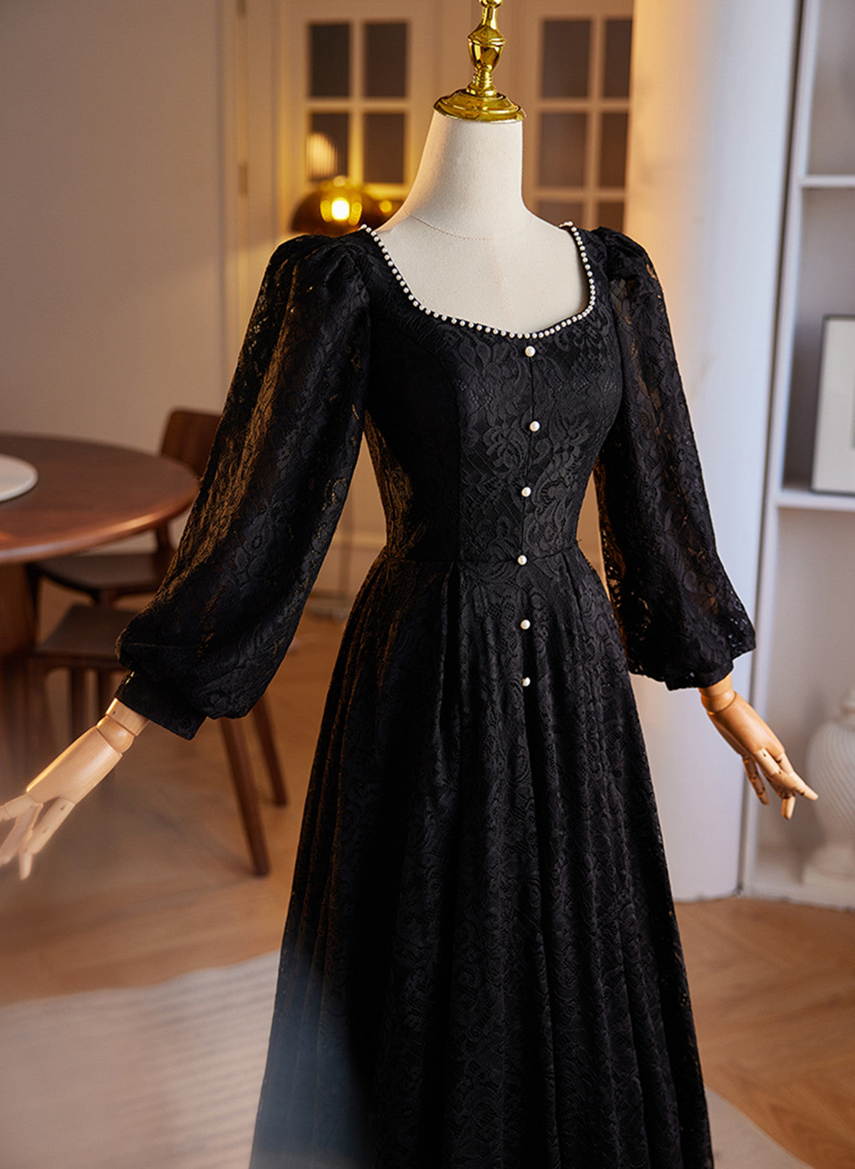Black Long Sleeves Lace A-line Party Dress, Black Lace Wedding Party D Cutedressy Black Long Sleeves Lace A-line Party Dress, Black Lace Wedding Party D Cutedressy