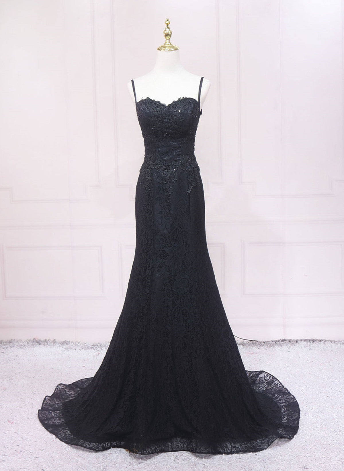 Black Lace Mermaid Straps Sweetheart Evening Dress, Black Long Prom Dress