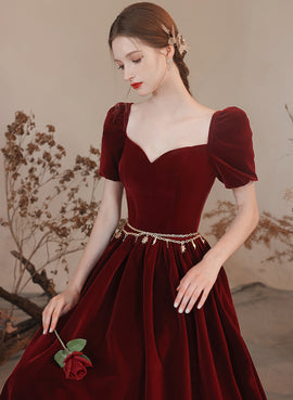 Wine Red Velvet Long A-line Party Dress, Wine Red Evening Dress Prom Dress