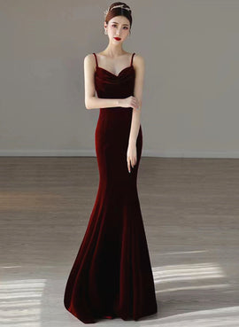 Wine Red Velvet Straps Low Back Long Prom Dress, Wine Red Party Dress