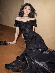 Elegant Off Shoulder Ruched Long Formal Dress, Chic Long Prom Dress with Ruffle Skirt