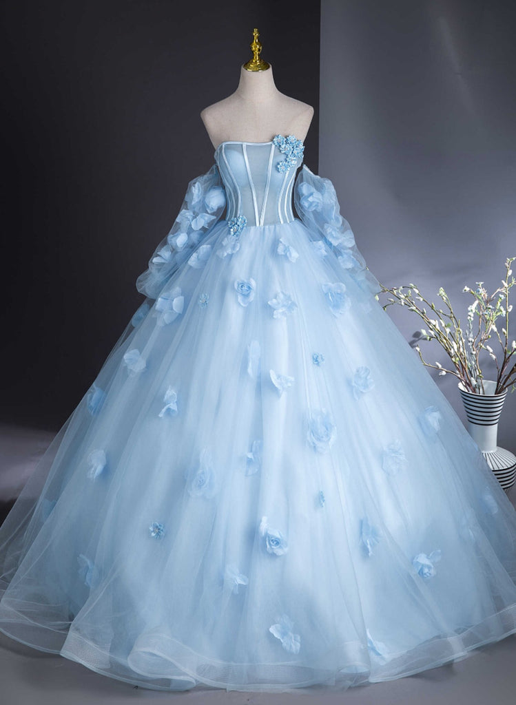 Lovely Blue Tulle with Flowers Long Formal Dress, Blue Evening Gown Sw