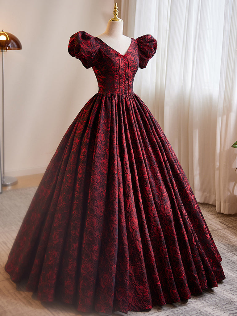 Black and Red V-neckline Puffy Sleeves Length Party Dress, Lace Long P